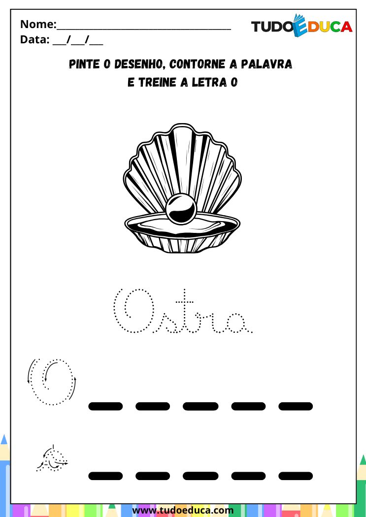 Atividade com a Letra O Cursiva para a Alfabetização contorne o O de ostra