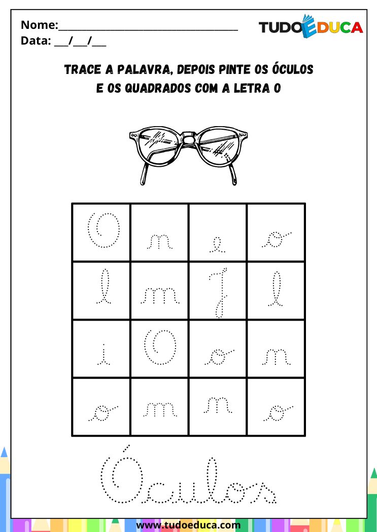 Atividade com a Letra O Cursiva para a Alfabetização pinte os oculos e os quadrados com O