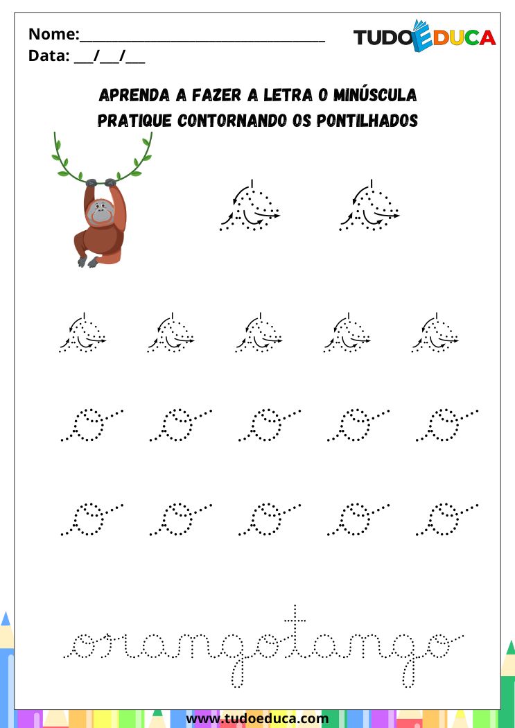 Atividade com a Letra O Cursiva para a Alfabetização pratique o O de orangotango