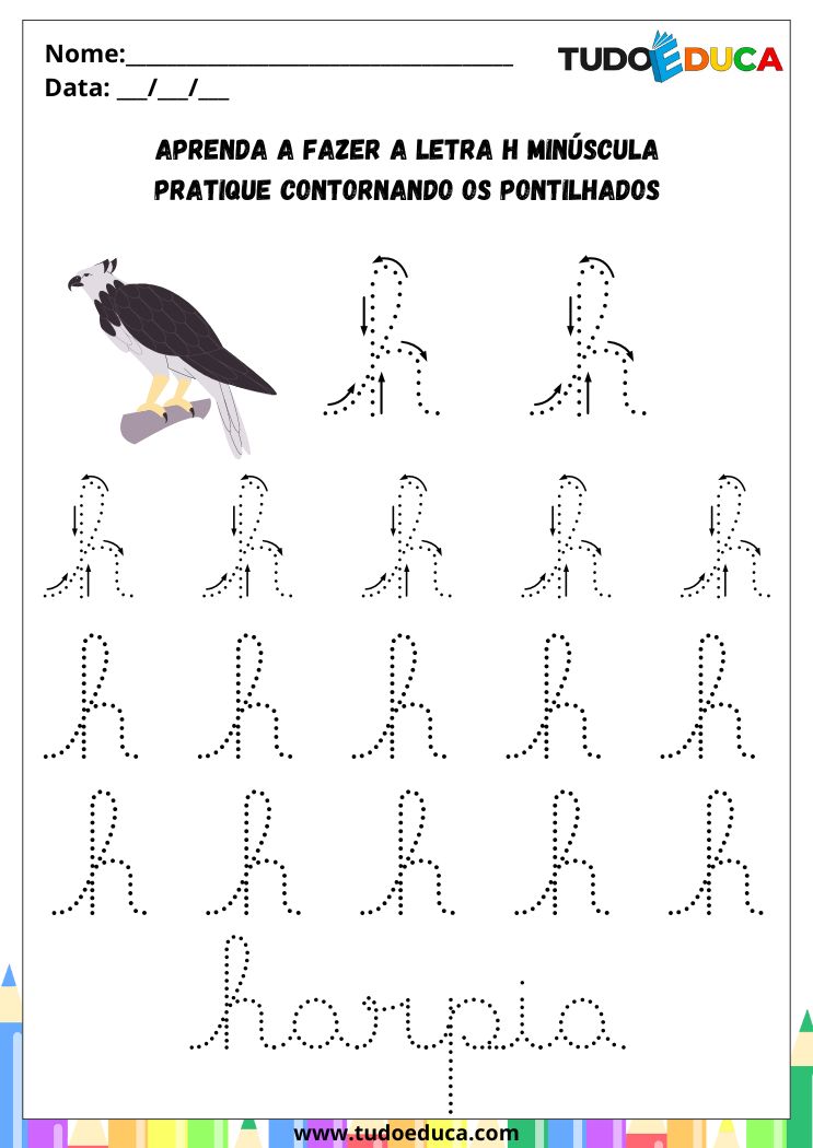 Atividades com a Letra H Cursiva para a Alfabetização pratique o H de harpia