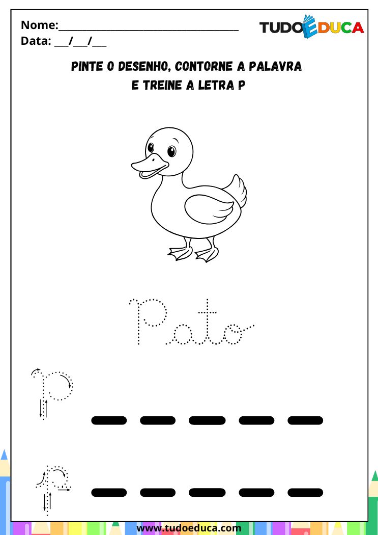 Atividade com a Letra P Cursiva para a Alfabetização contorne o P de pato