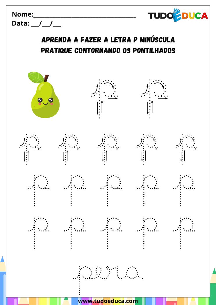 Atividade com a Letra P Cursiva para a Alfabetização pratique o P de pera