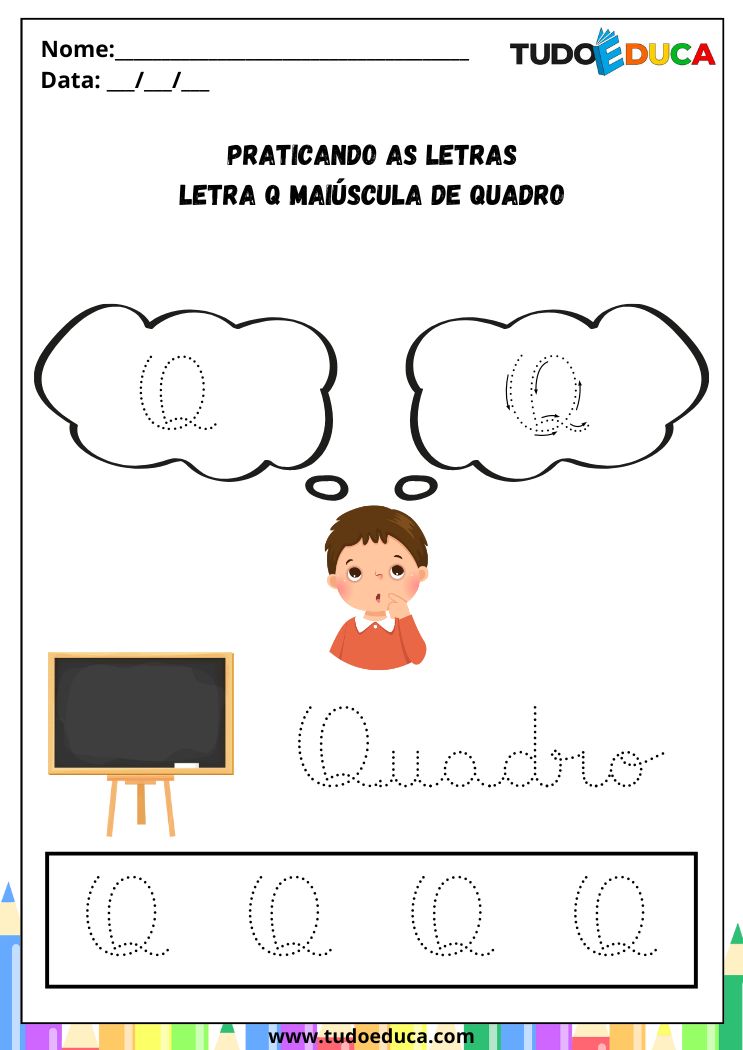 Atividade com a Letra Q Cursiva para a Alfabetização praticando a letra Q de quadro