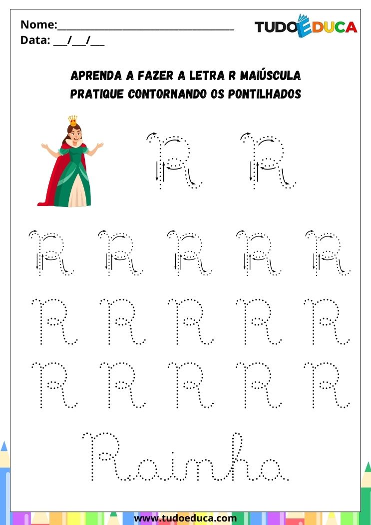 Atividade com a Letra R Cursiva para a Alfabetização pratique o R de rainha