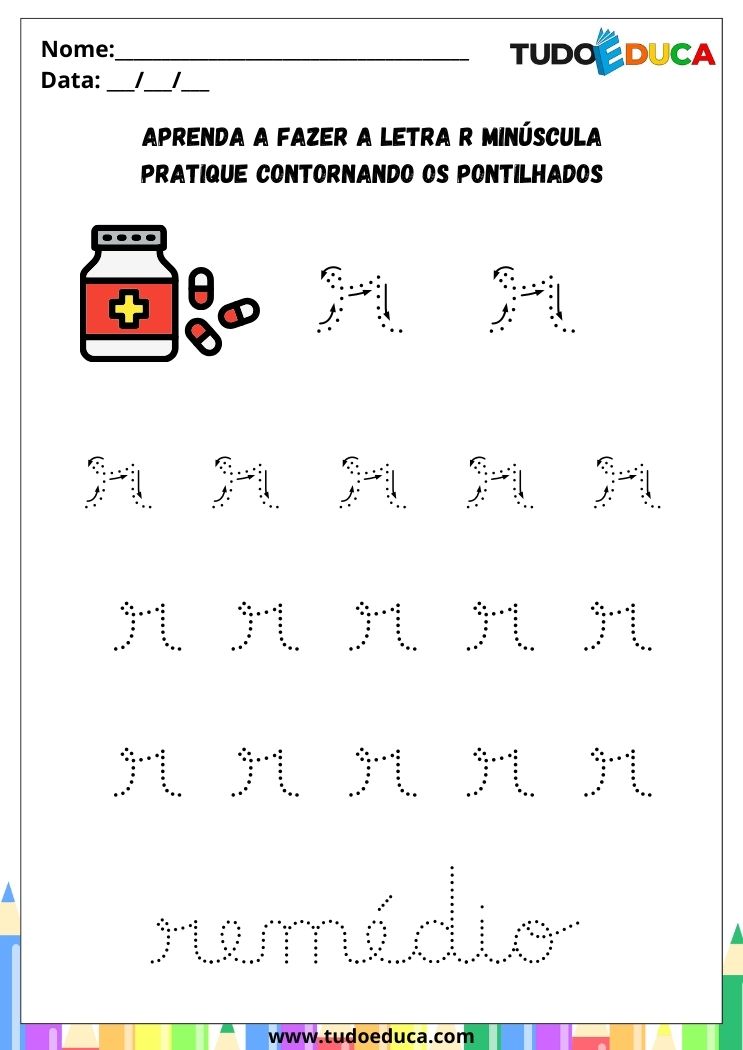 Atividade com a Letra R Cursiva para a Alfabetização pratique o R de remedio