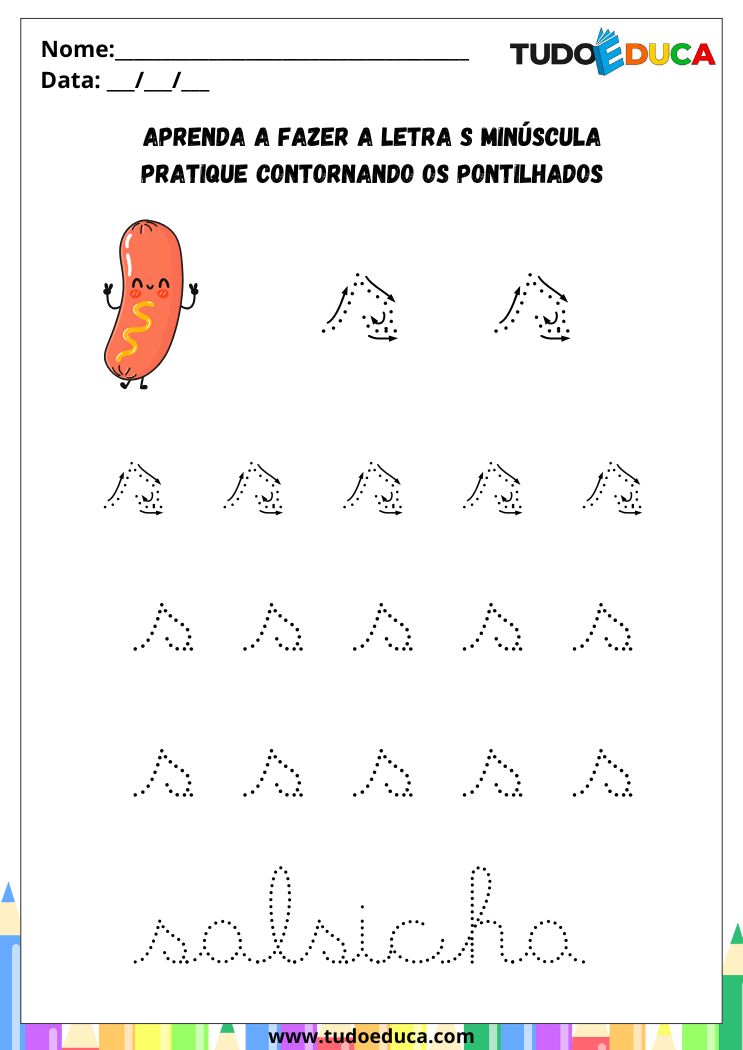 Atividade com a Letra S Cursiva para a Alfabetização pratique o S de salsicha