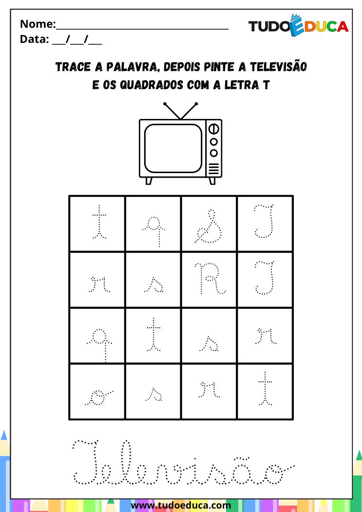 Atividade com a Letra T Cursiva para a Alfabetização pinte a televisao e os quadrados com T