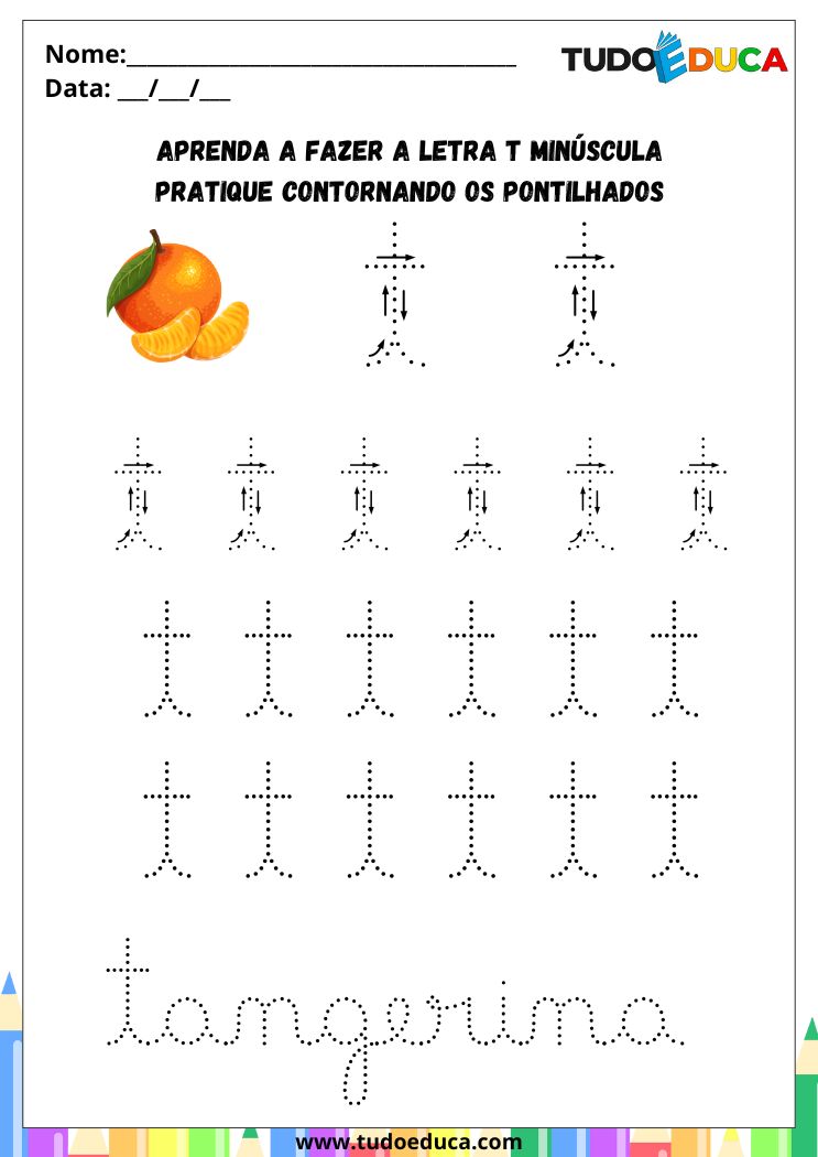 Atividade com a Letra T Cursiva para a Alfabetização pratique o T de tangerina