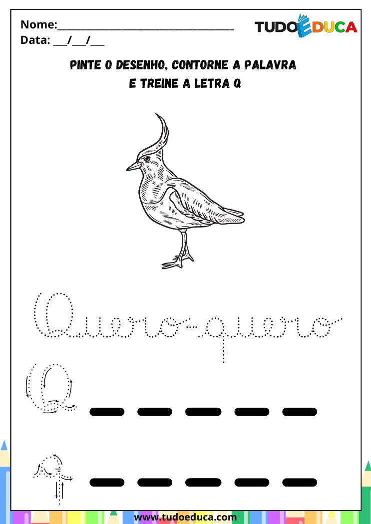 Atividades com a Letra Q Cursiva para a Alfabetização contorne o Q de quero-quero