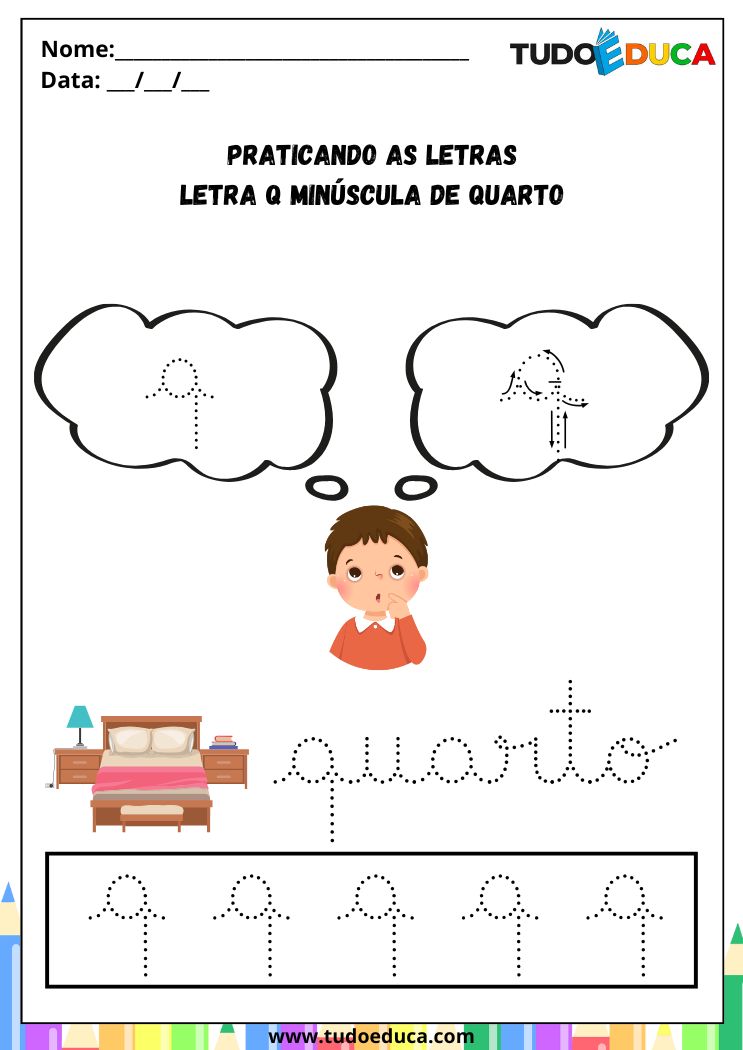 Atividades com a Letra Q Cursiva para a Alfabetização praticando a letra Q de quarto