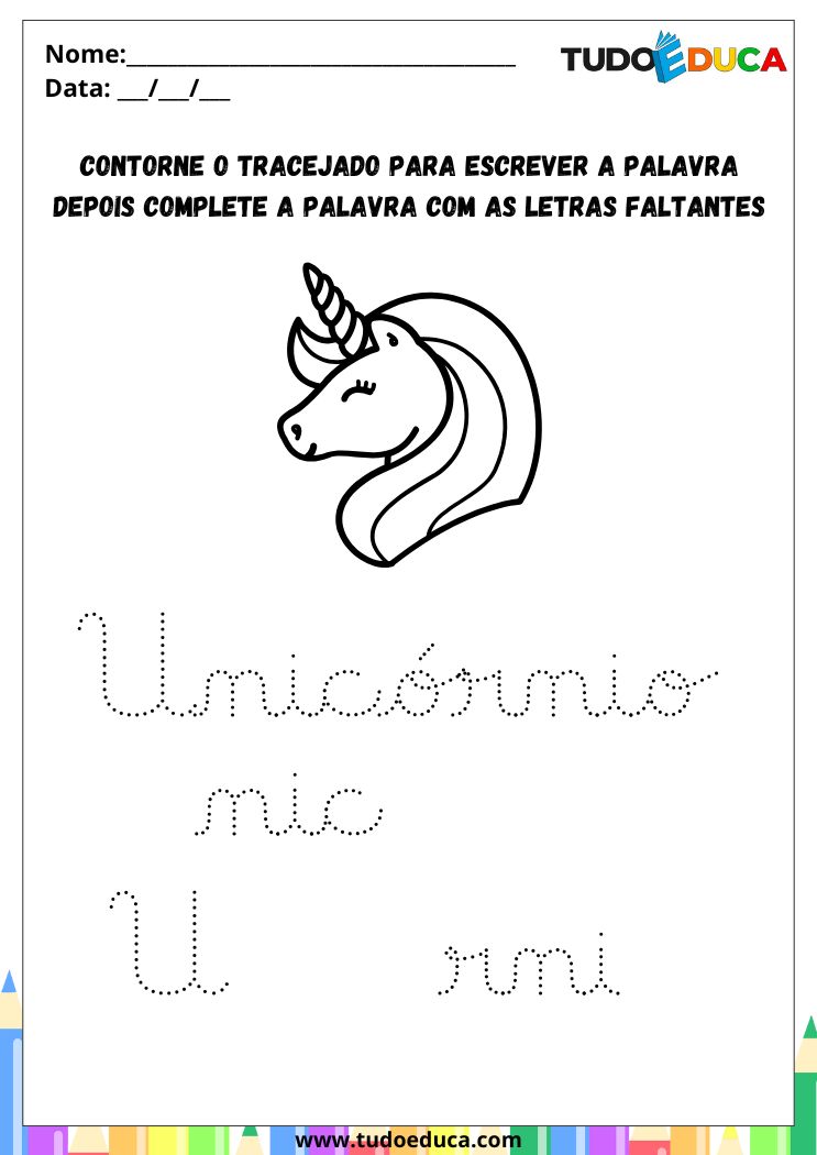 Atividade com a Letra U Cursiva para a Alfabetização contorne a palavra unicornio