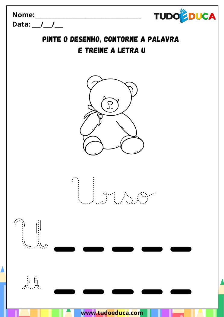 Atividade com a Letra U Cursiva para a Alfabetização contorne o U de urso