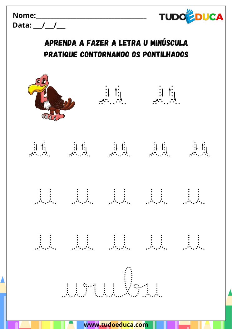 Atividade com a Letra U Cursiva para a Alfabetização pratique o U de urubu