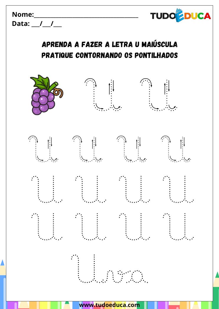 Atividade com a Letra U Cursiva para a Alfabetização pratique o U de uva