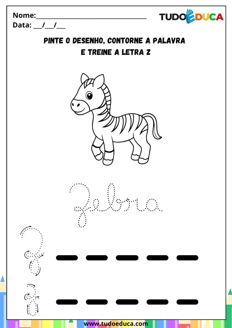 Atividades com a Letra Z Cursiva para a Alfabetização cotorne o Z de zebra