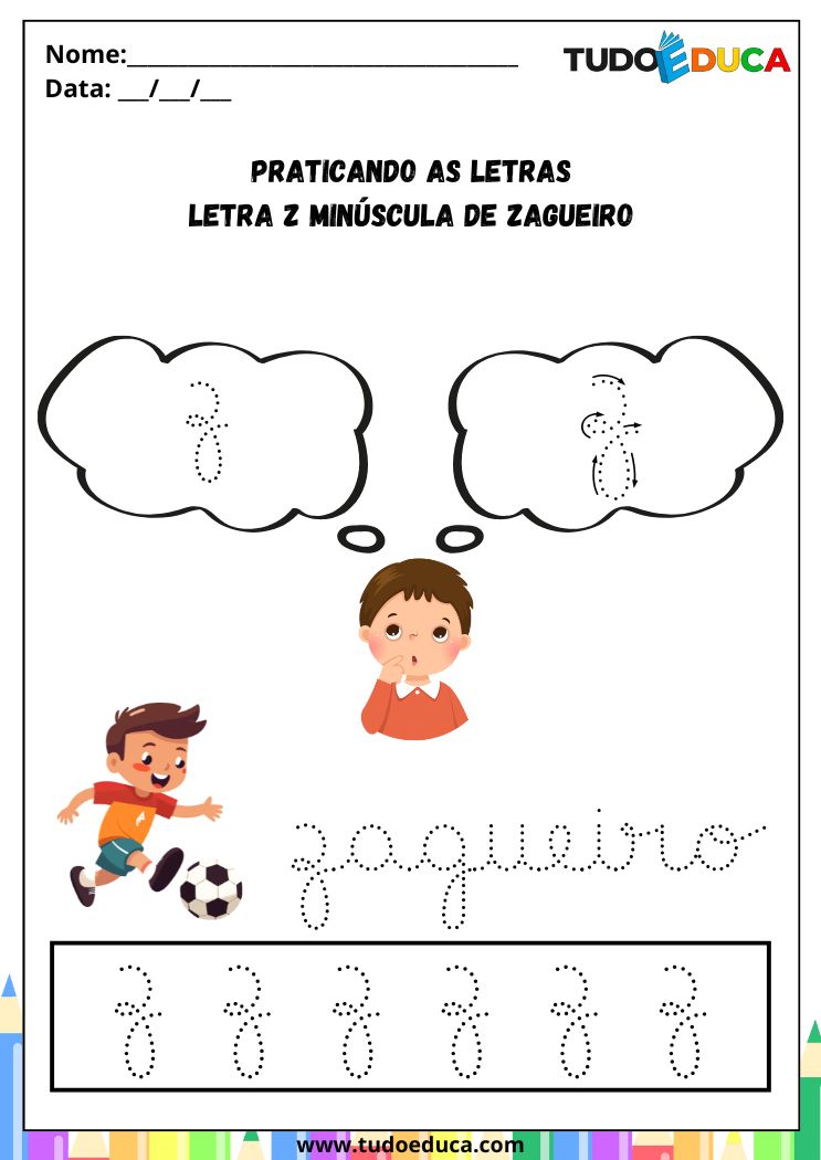 Atividades com a Letra Z Cursiva para a Alfabetização praticando a letra Z de zagueiro