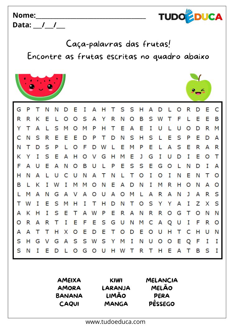 Atividade Educativa de Caça-palavras das frutas para as Férias