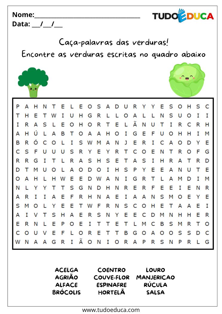 Atividade Educativa de Caça-palavras das verduras para as Férias