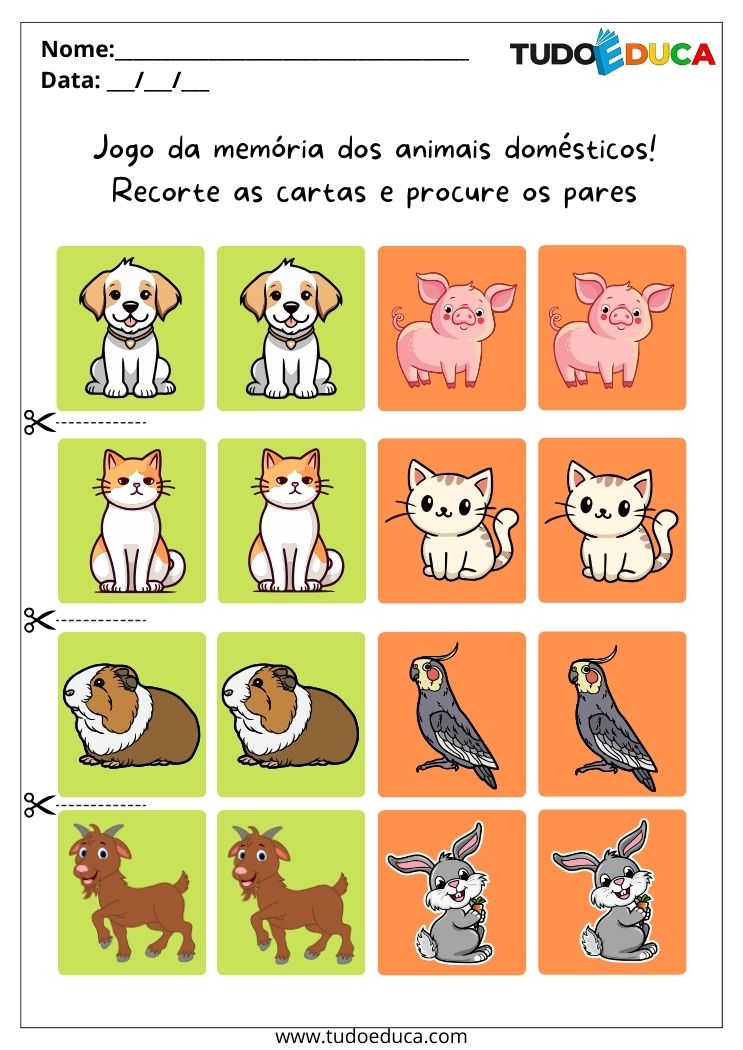 Atividade Educativa de Jogo da Memória para as Férias animais domesticos