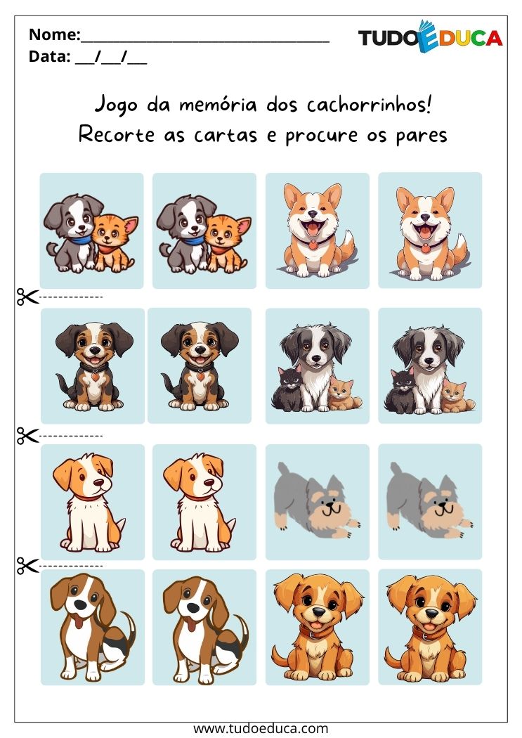 Atividade Educativa de Jogo da Memória para as Férias cachorros