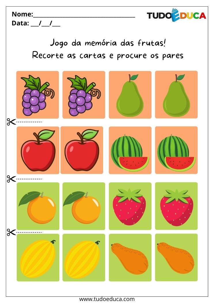 Atividade Educativa de Jogo da Memória para as Férias frutas