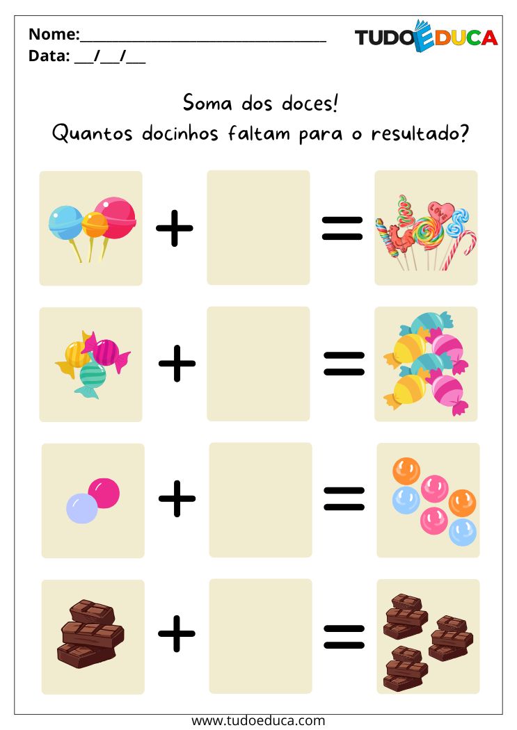 Atividade Educativa de Matemática para as Férias resultado soma doces