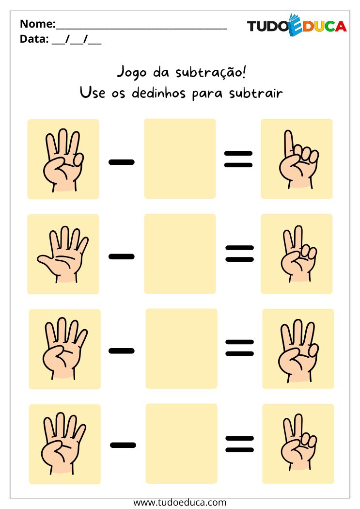 Atividade Educativa de Matemática para as Férias resultado subtracao maos