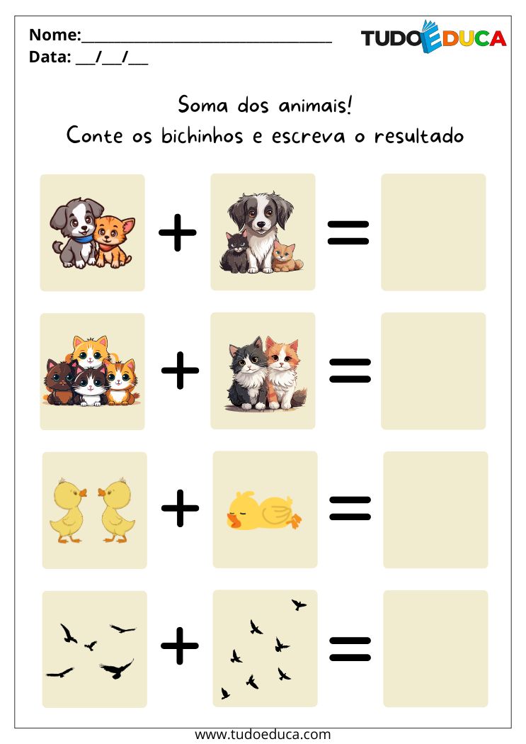 Atividade Educativa de Matemática para as Férias soma animais