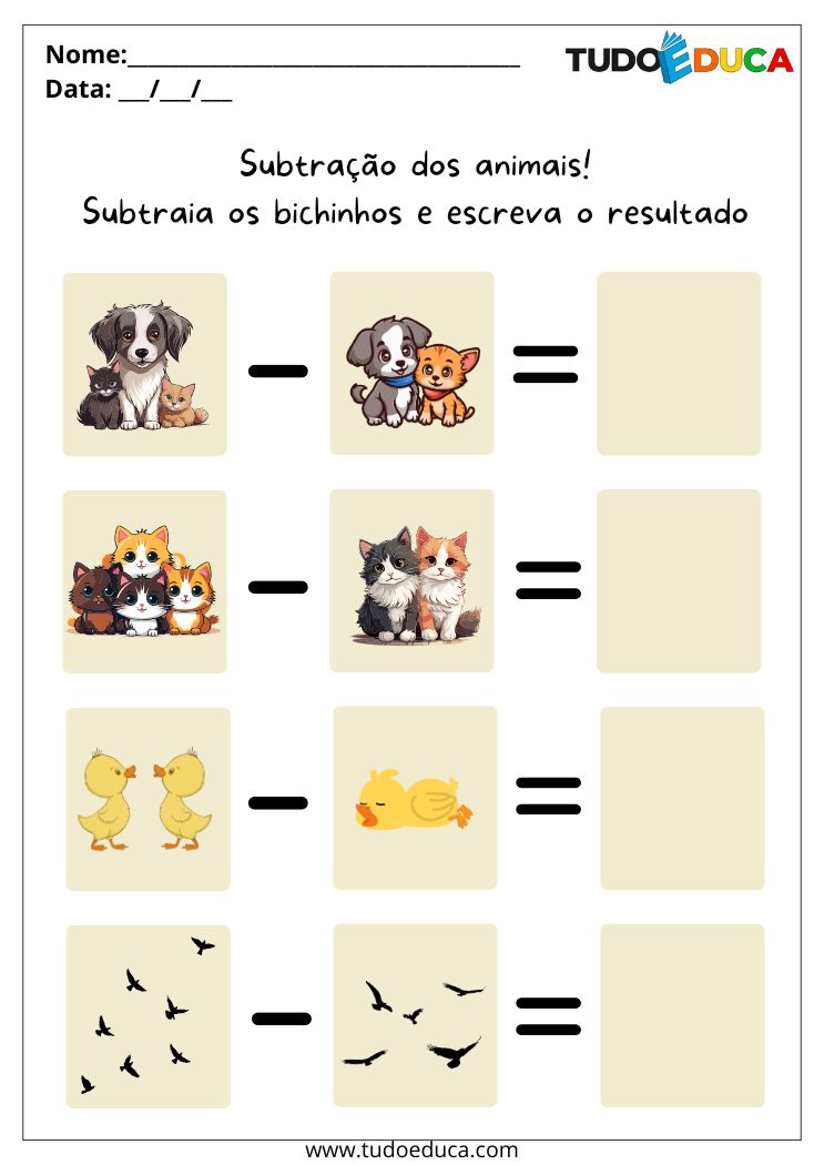 Atividade Educativa de Matemática para as Férias subtracao animais