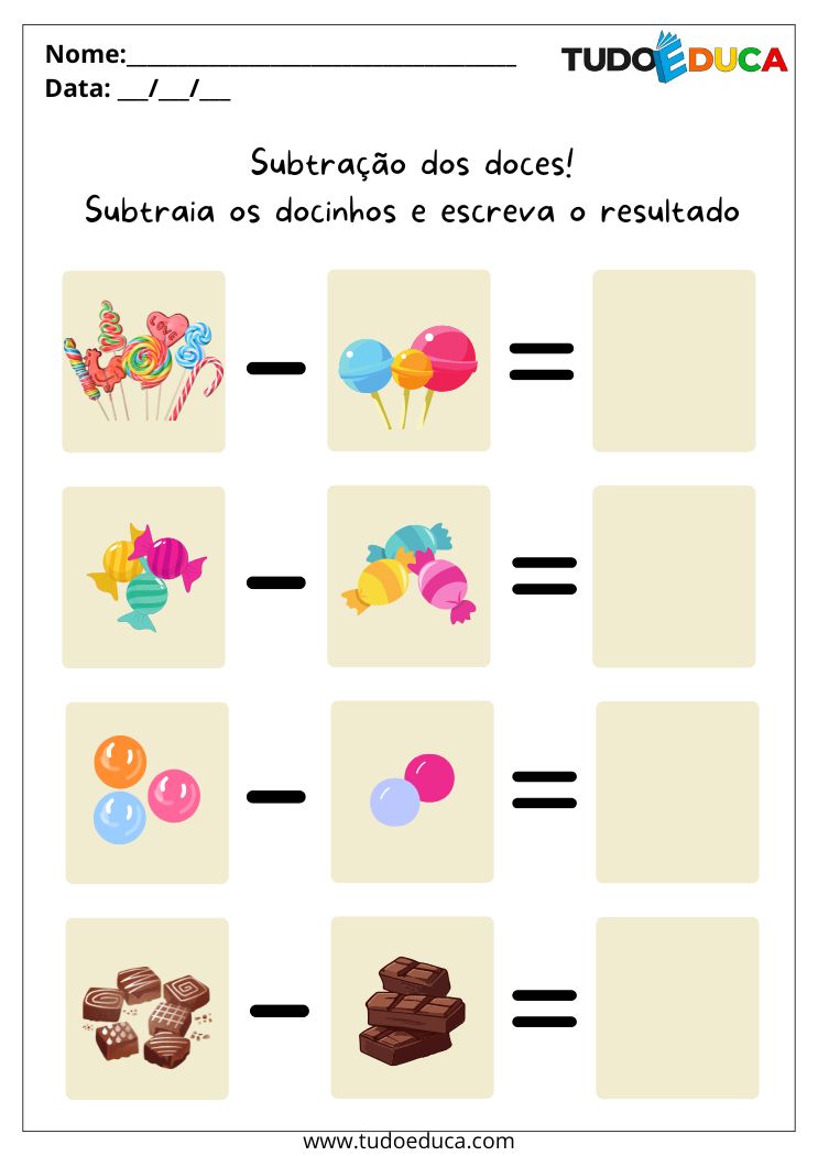 Atividade Educativa de Matemática para as Férias subtracao doces