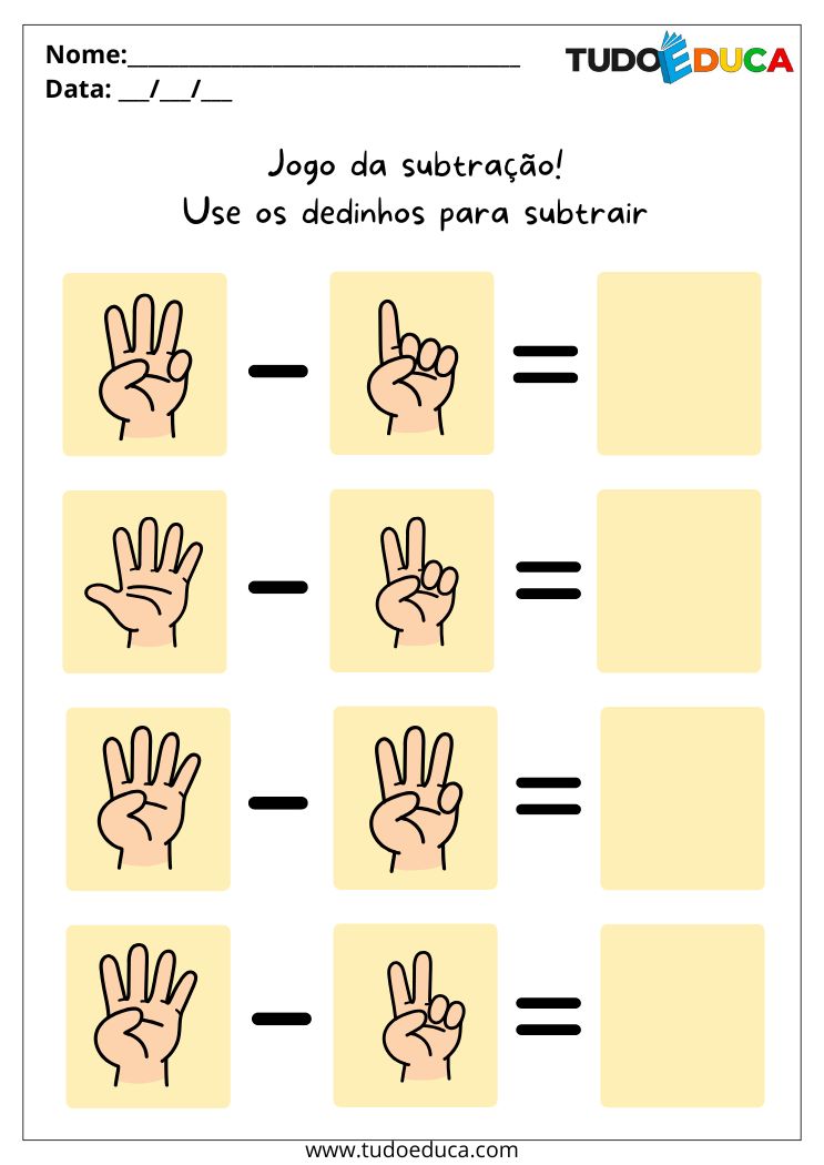 Atividade Educativa de Matemática para as Férias subtracao maos