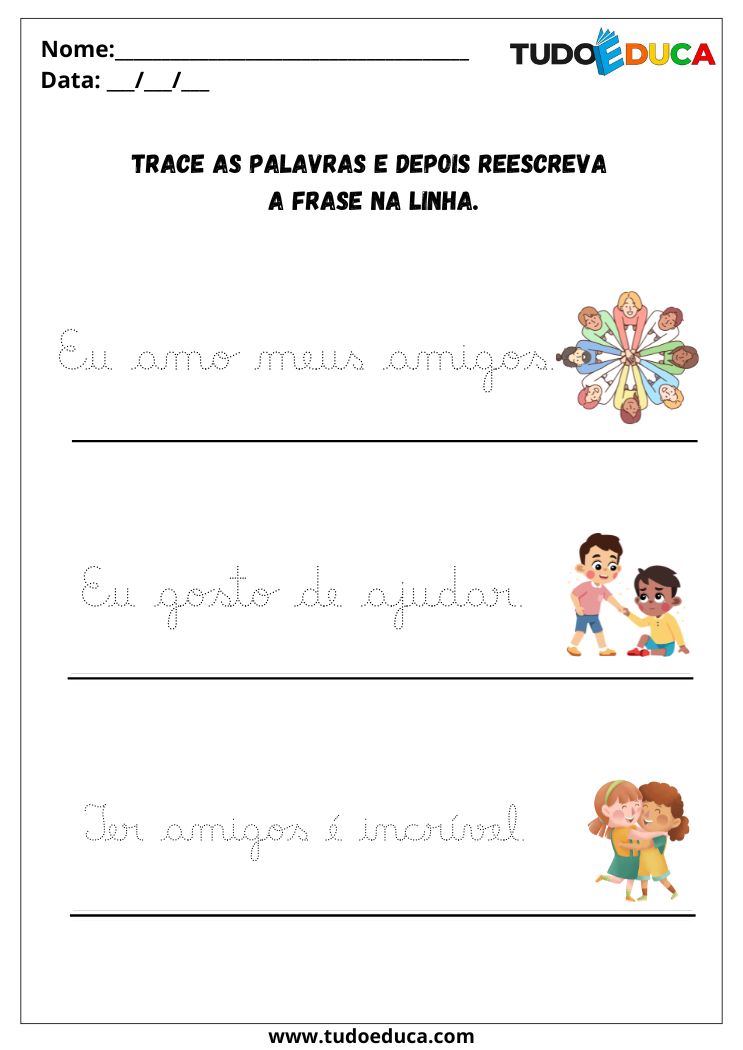 Atividade com letra cursiva para escrever amo amigos