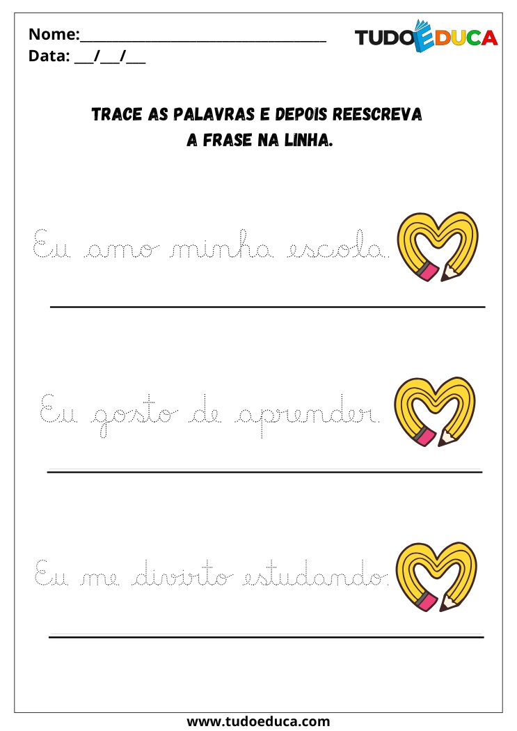 Atividade com letra cursiva para escrever amo escola