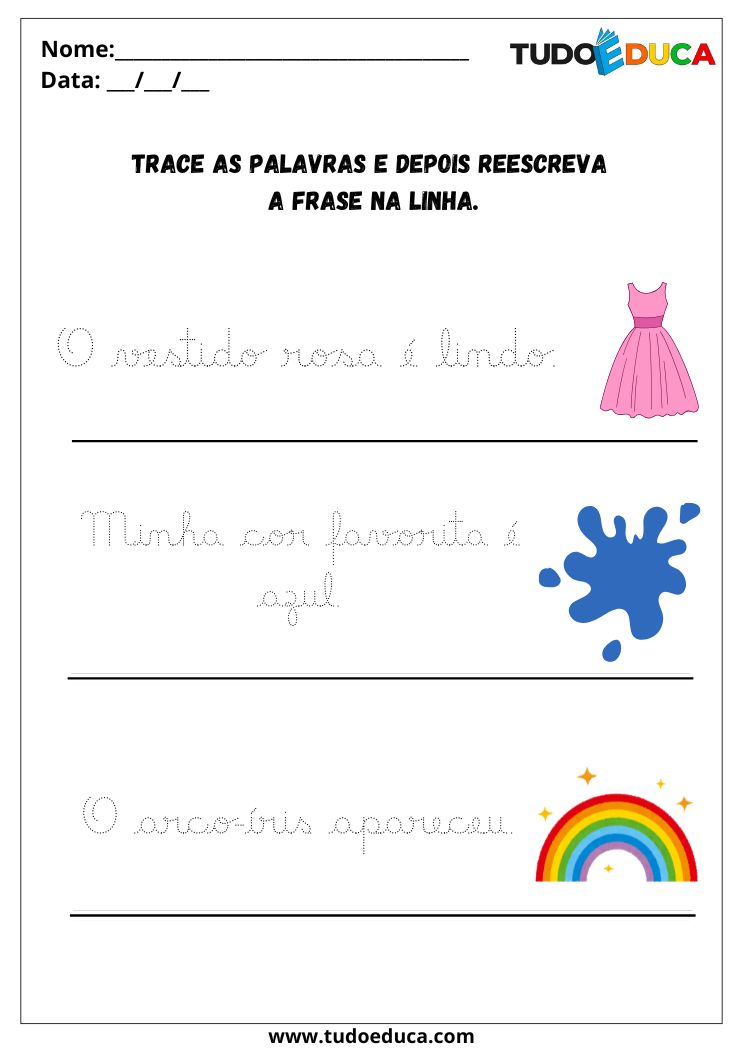 Atividade com letra cursiva para escrever vestido lindo