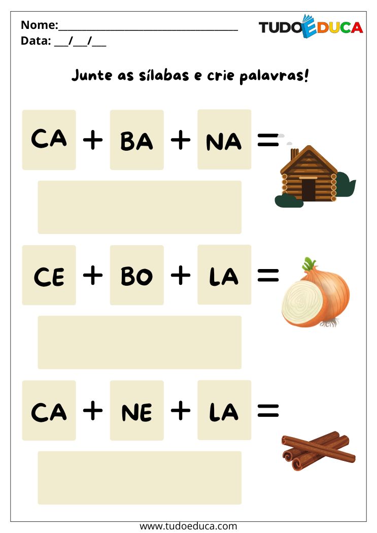 Atividades com Silabas para volta as Aulas junte as silabas de cabana