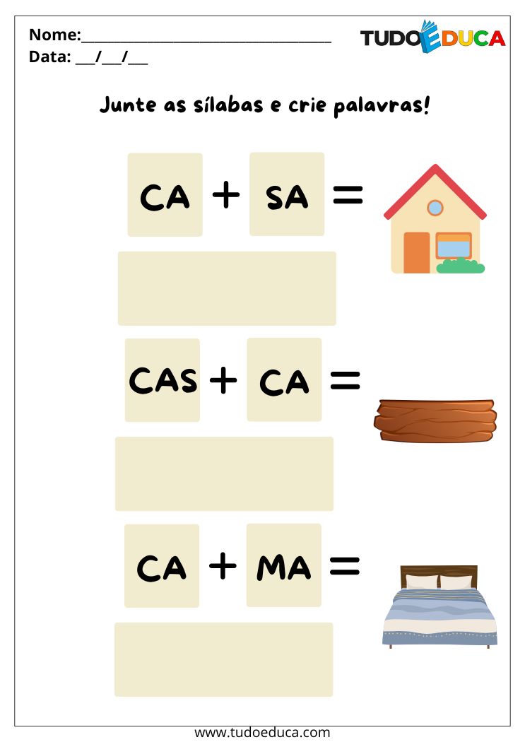 Atividades com Silabas para volta as Aulas junte as silabas de casa