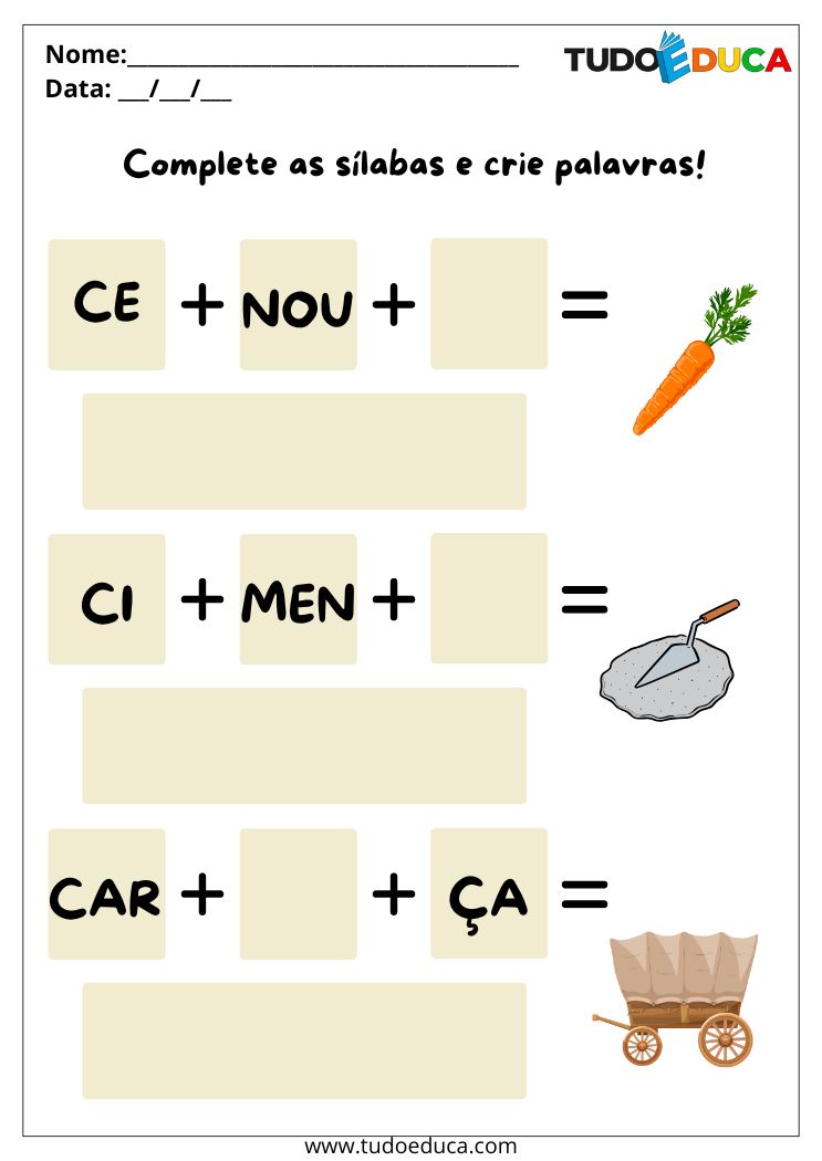Atividades com Silabas para volta as Aulas monte a palavra cenoura
