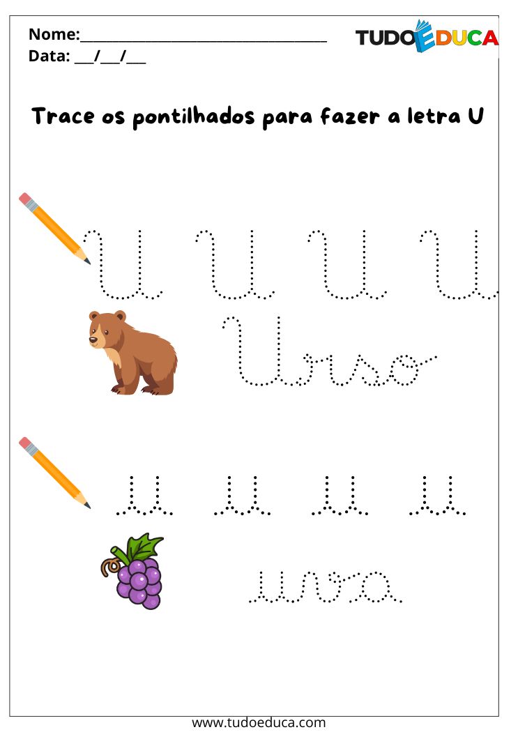 Atividade com Letra Cursiva Pontilhada trace o U