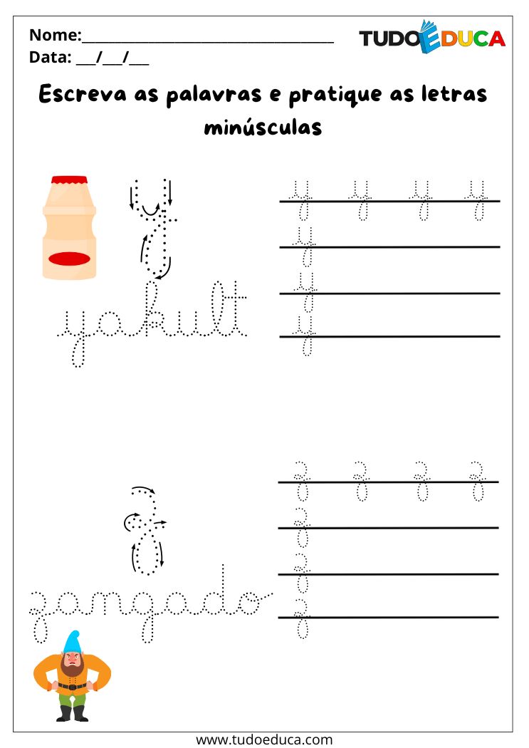 Atividade com letras cursivas minusculas Y e Z