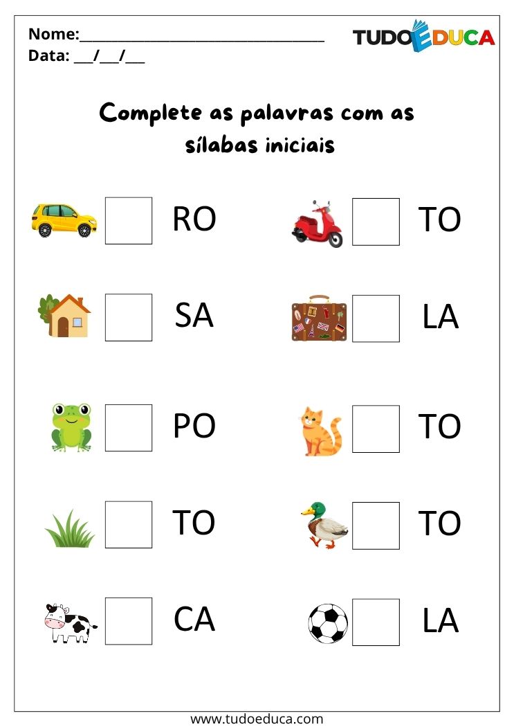 Atividade de Portugues Anos Iniciais complete as silabas