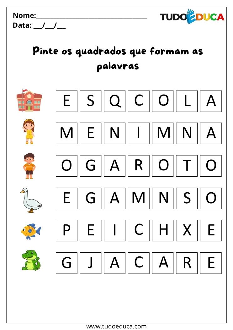 Atividades de Portugues Anos Iniciais pinte os quadrados certos