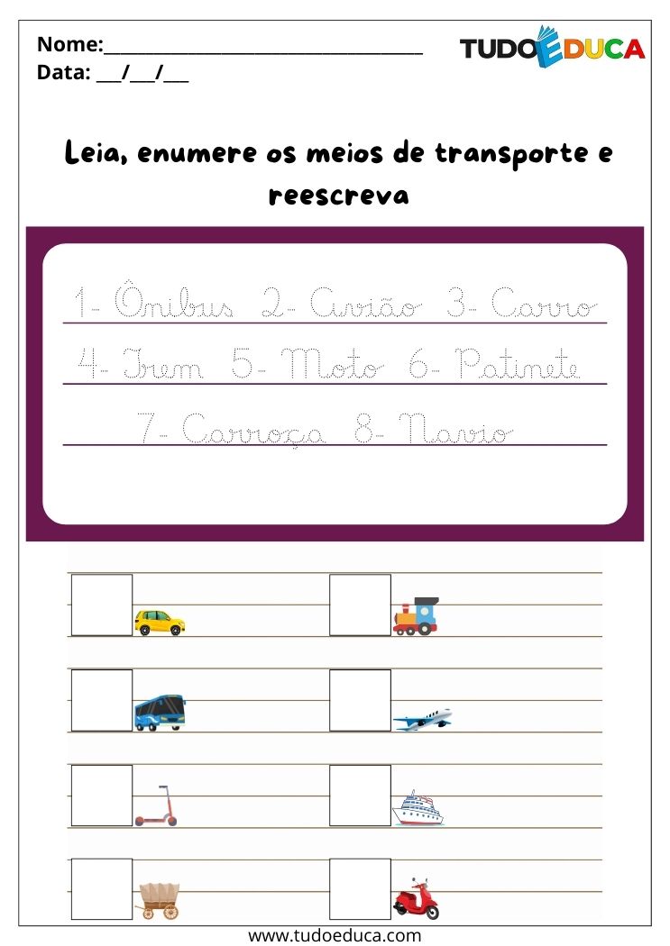 atividade com letras cursivas bonitas ordene os transportes