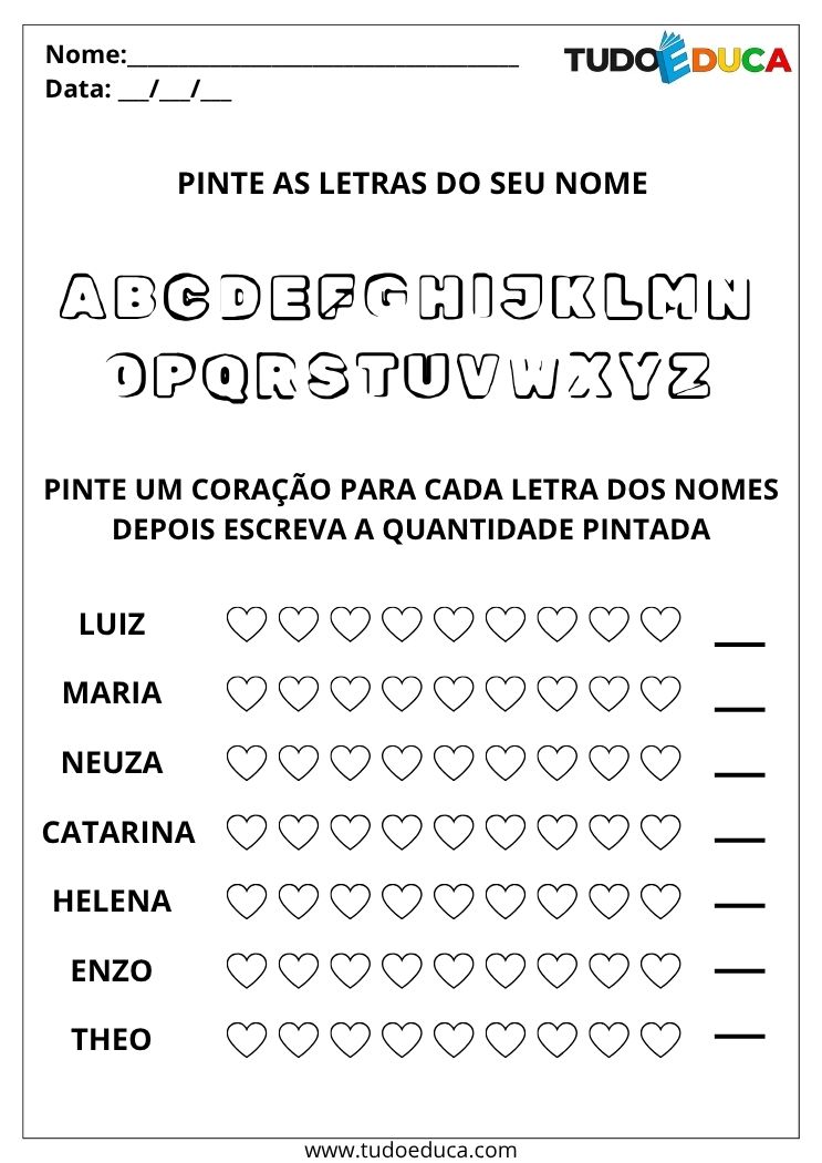 Atividade com Nomes Próprios pinte as letras do nome
