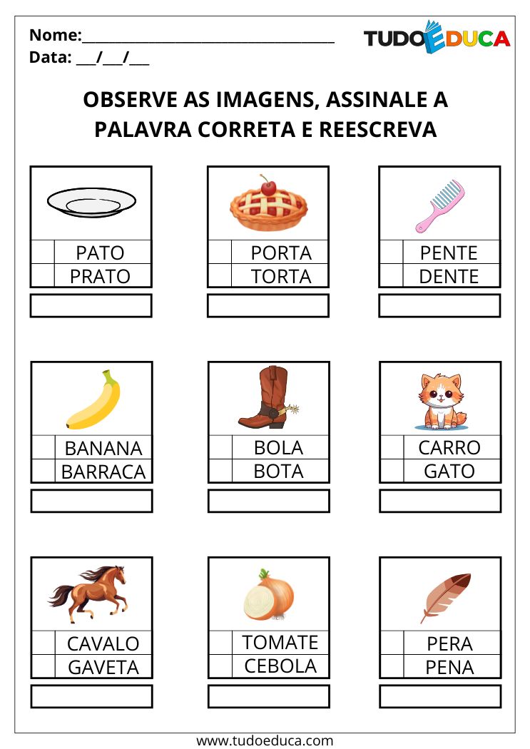 Atividade com leitura de imagens assinale as palavras corretas