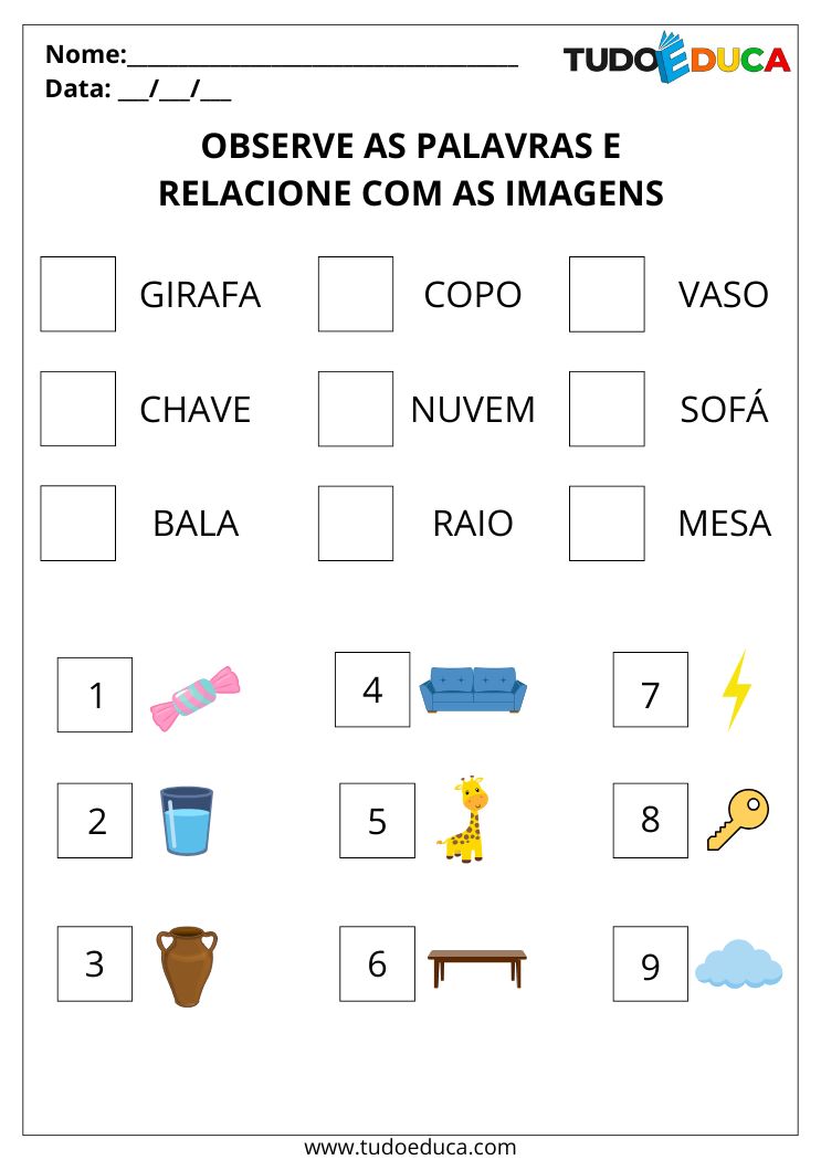 Atividade com leitura de imagens relacione as palavras