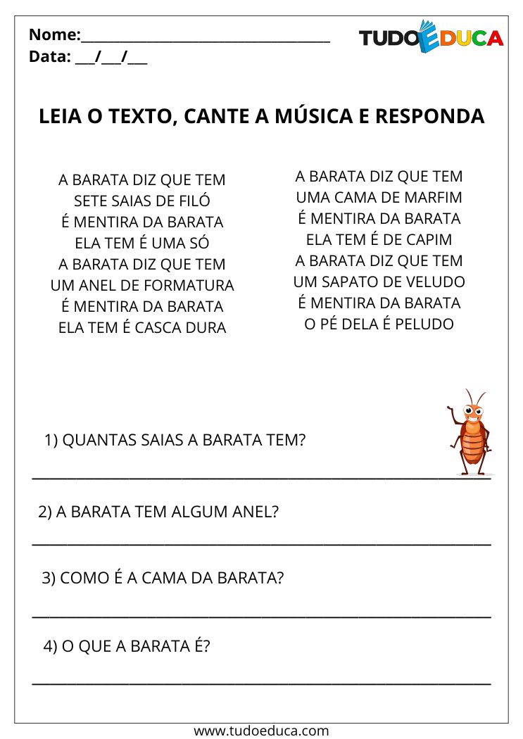 Atividade de Portugues Interpretacao de Texto a barata diz