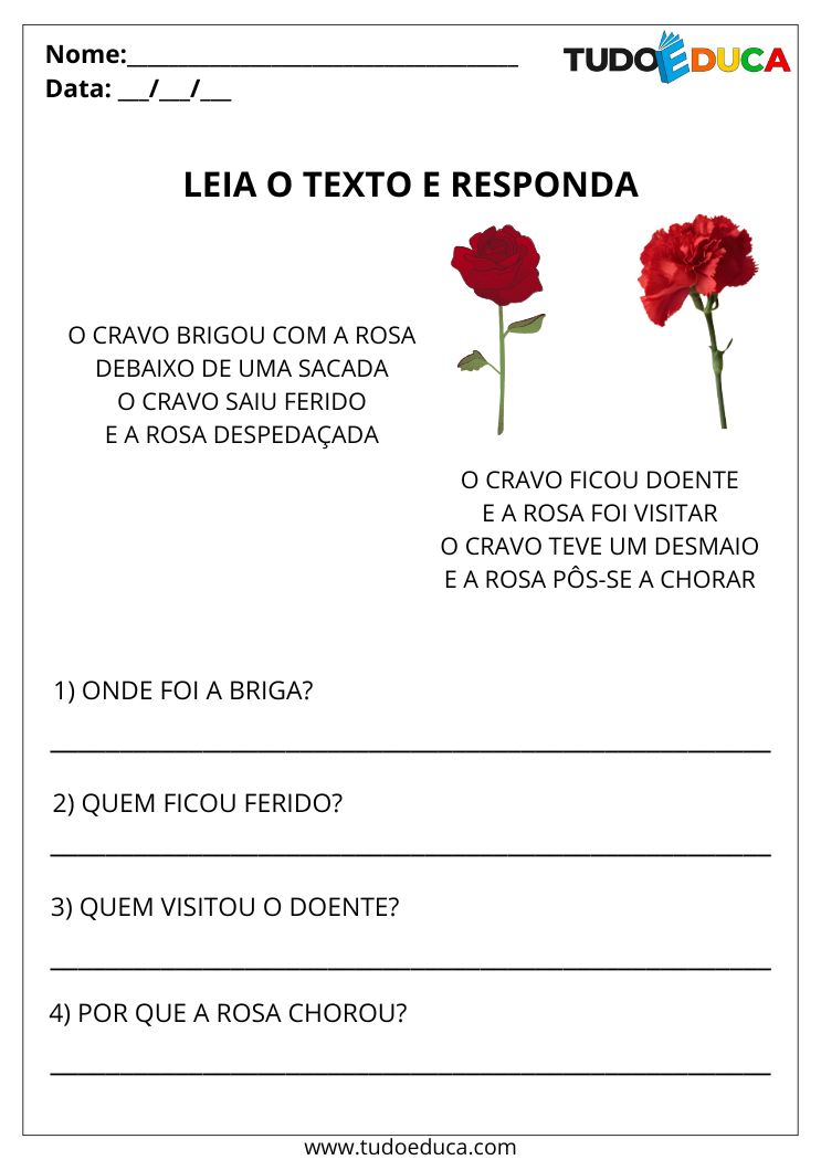 Atividade de Portugues Interpretacao de Texto cravo e rosa