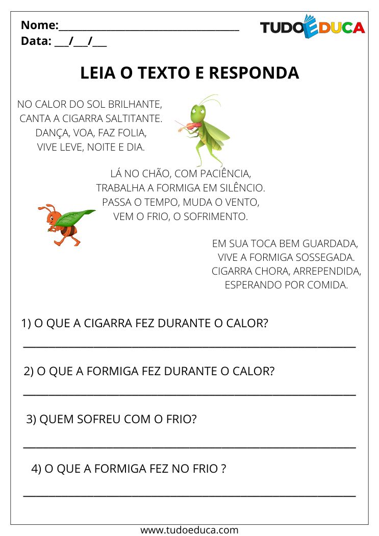 Atividade de Portugues Interpretacao de Texto formiga e cigarra