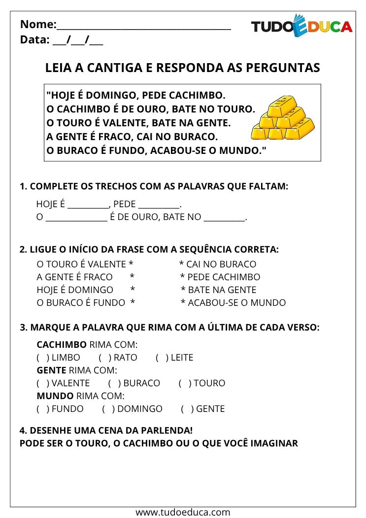 Atividade com Cantigas e Parlendas cachimbo de ouro