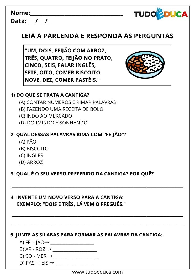 Atividade com Cantigas e Parlendas feijao no prato